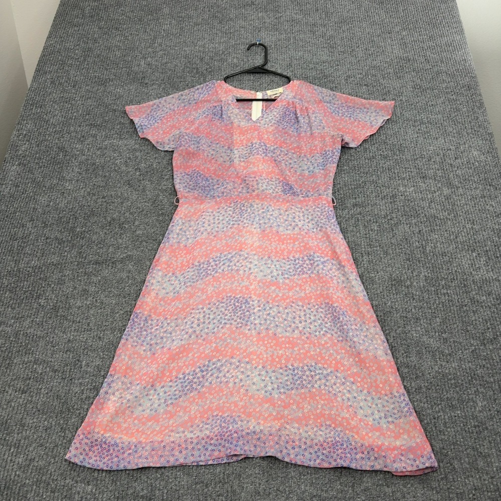 Vintage Milbien Dress Womens Small Pink Blue Polyester Flutter Sleeve Retro Mod